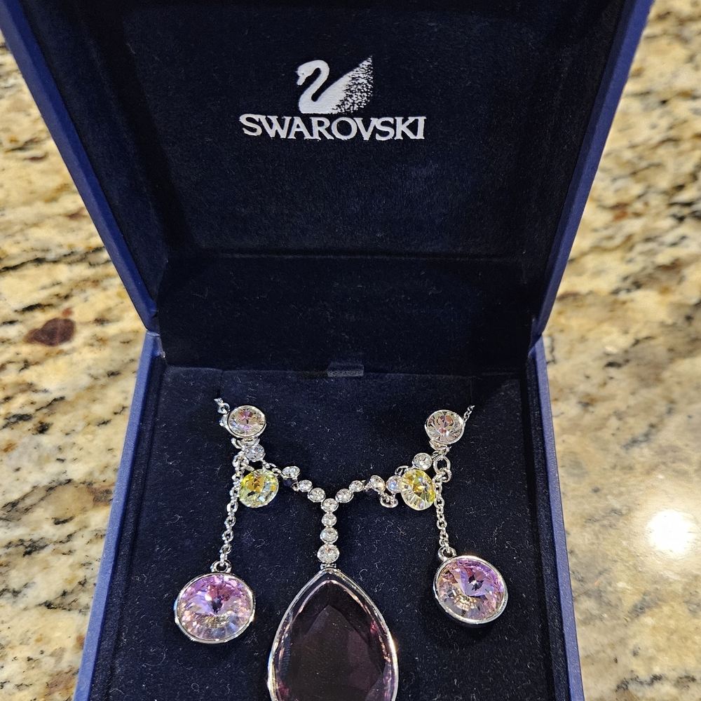 Swarovski Silver Necklace with Purple and Yellow Crystals